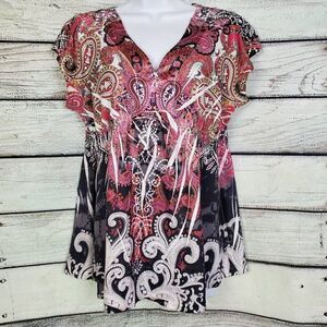 Live and Let Live Women’s L Boho Paisley Lace Back Short Sleeve Tunic Top Black